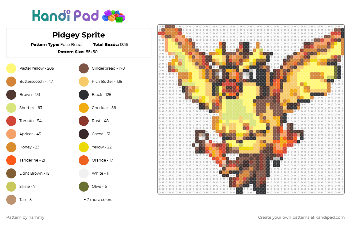 Pidgey Sprite - Fuse Bead Pattern by hammy on Kandi Pad - tan,orange,yellow,brown,pokemon,sprite,cute,nintendo,pixel,perler