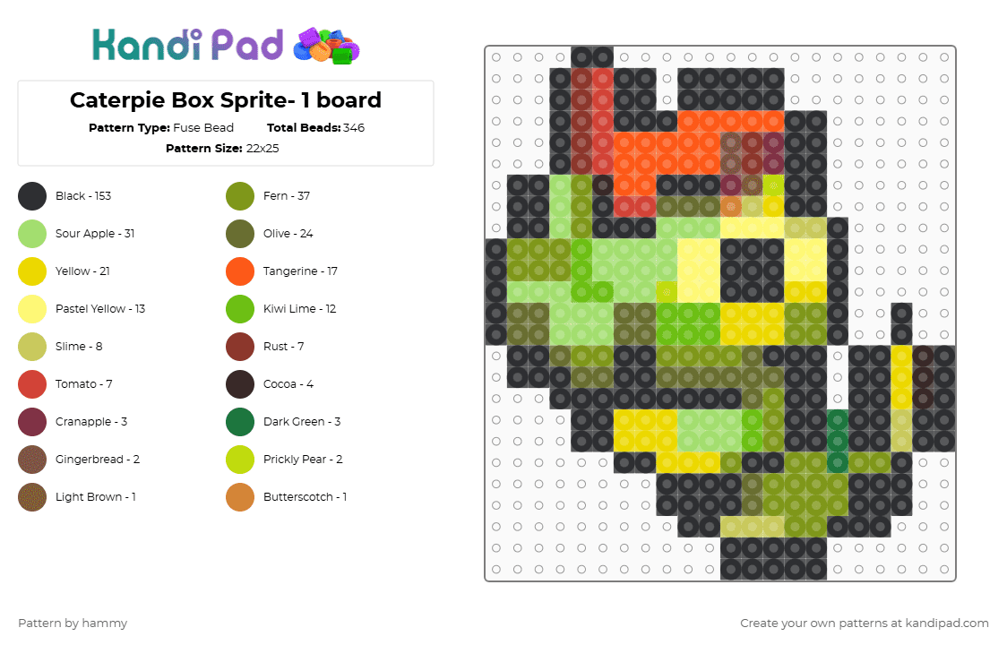 Caterpie Box Sprite- 1 board - Fuse Bead Pattern by hammy on Kandi Pad - black,green,gold,yellow,pokemon,sprite,cute,nintendo,pixel,perler