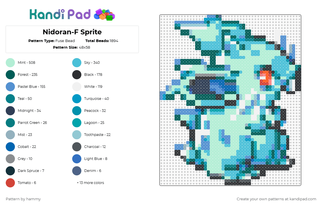 Nidoran-F Sprite - Fuse Bead Pattern by hammy on Kandi Pad - light blue,gray,pokemon,sprite,cute,nintendo,pixel,perler