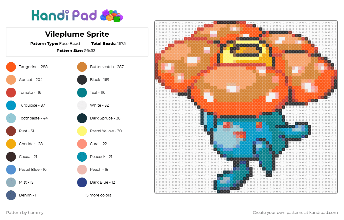 Vileplume Sprite - Fuse Bead Pattern by hammy on Kandi Pad - red,orange,light blue,teal,pokemon,sprite,cute,nintendo,pixel,perler
