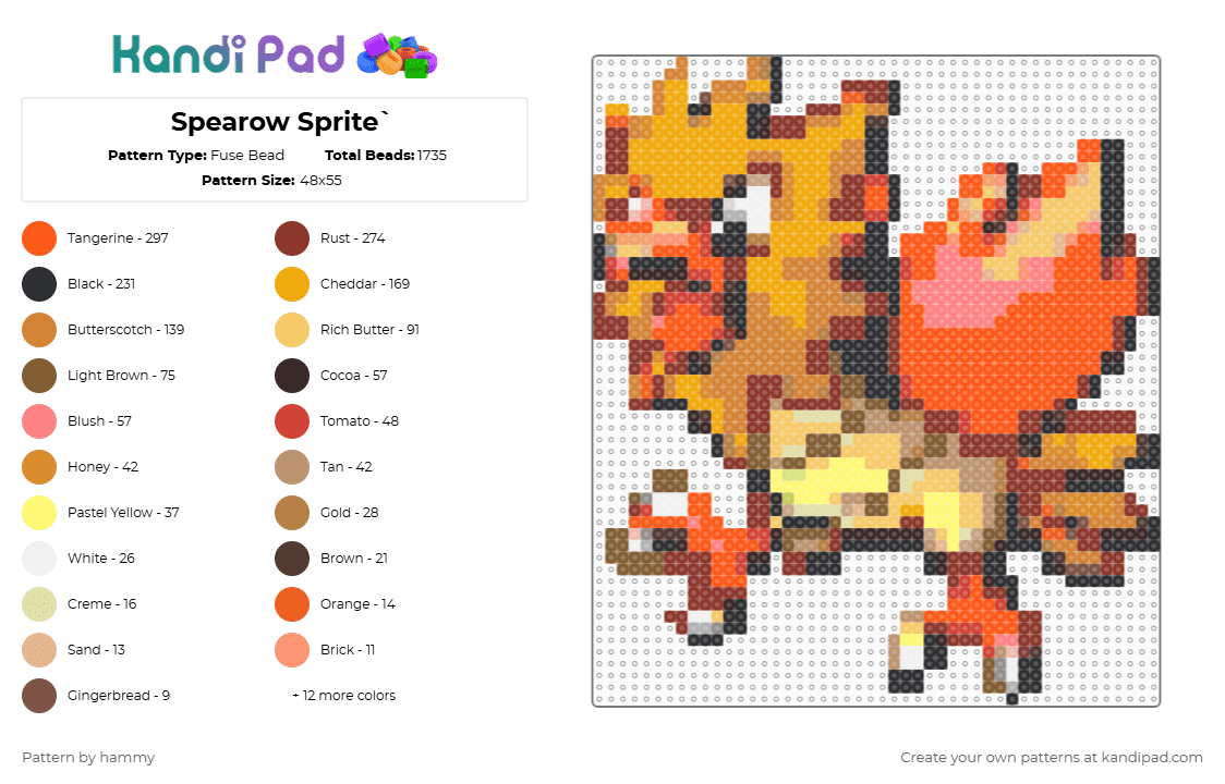 Spearow Sprite` - Fuse Bead Pattern by hammy on Kandi Pad - orange,red,pokemon,sprite,cute,nintendo,pixel,perler