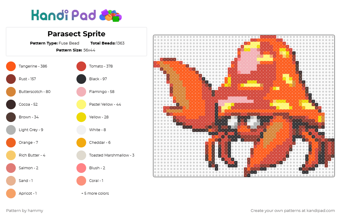 Parasect Sprite - Fuse Bead Pattern by hammy on Kandi Pad - red,orange,pokemon,sprite,cute,nintendo,pixel,perler