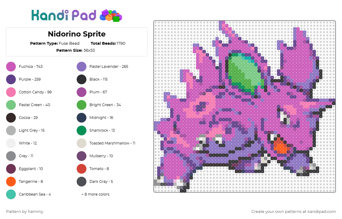 Nidorino Sprite - Fuse Bead Pattern by hammy on Kandi Pad - blue,pink,purple,pokemon,sprite,cute,nintendo,pixel,perler