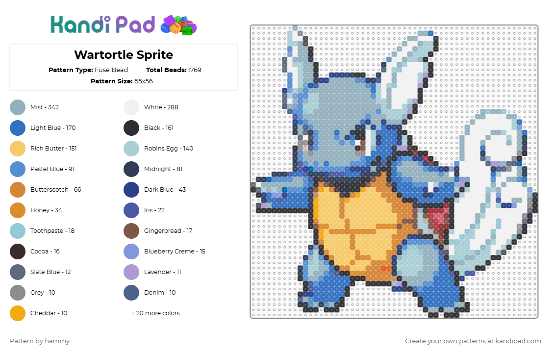Wartortle Sprite - Fuse Bead Pattern by hammy on Kandi Pad - light blue,blue,orange,colorful,pokemon,sprite,cute,nintendo,pixel,perler