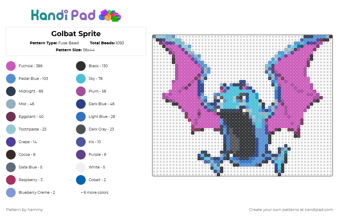 Golbat Sprite - Fuse Bead Pattern by hammy on Kandi Pad - light blue,pink,pokemon,sprite,cute,nintendo,pixel,perler