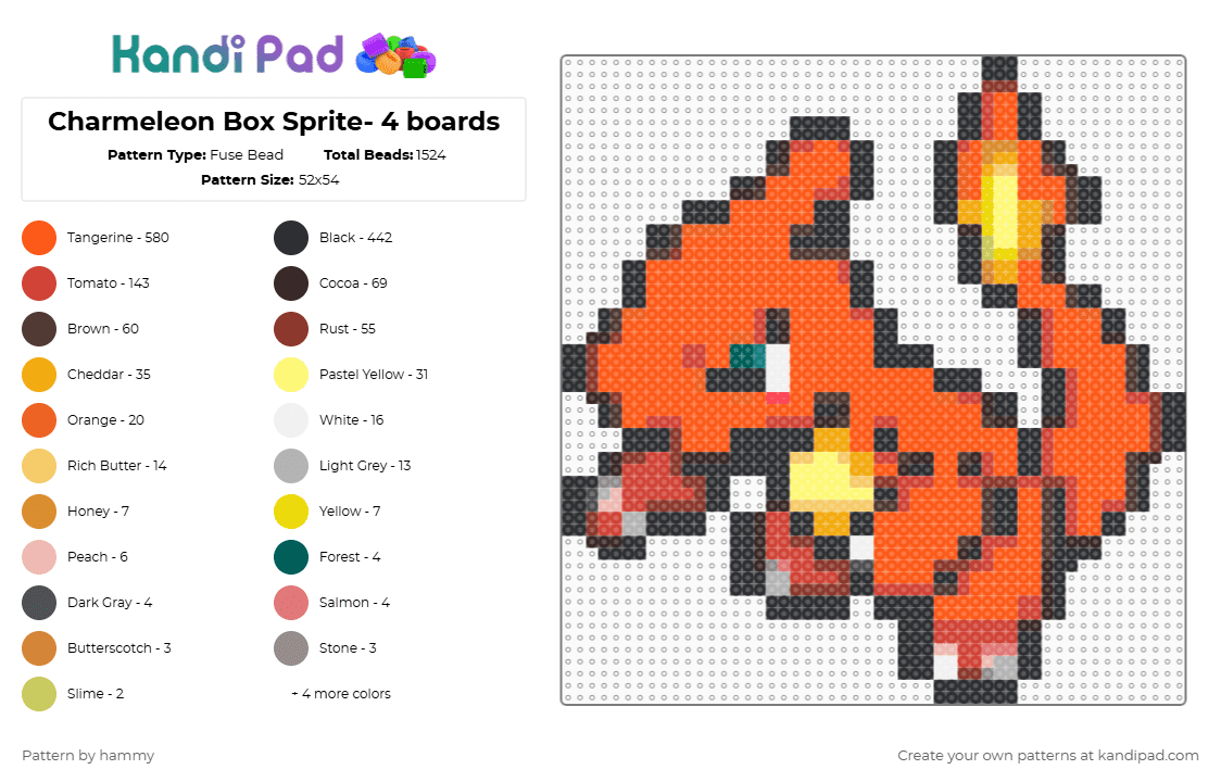 Charmeleon Box Sprite- 4 boards - Fuse Bead Pattern by hammy on Kandi Pad - red,orange,brown,pokemon,sprite,cute,nintendo,pixel,perler