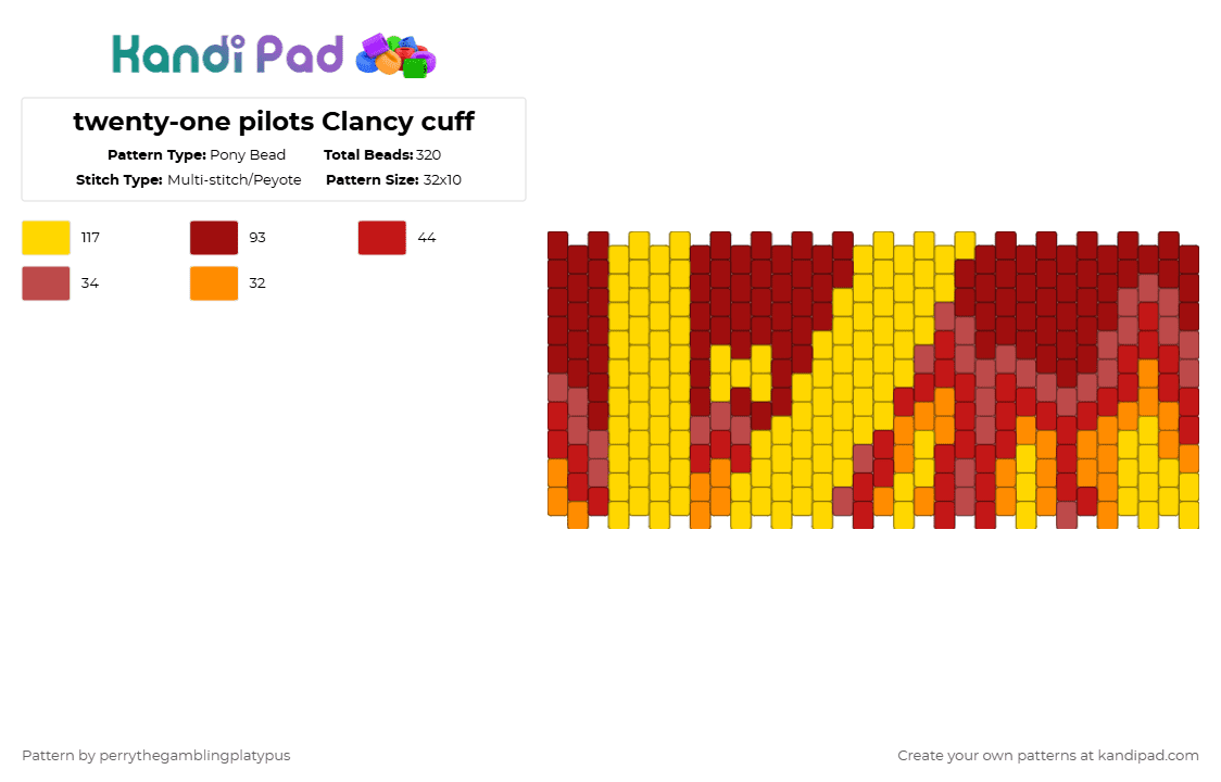 twenty-one pilots Clancy cuff - Pony Bead Pattern by perrythegambajester on Kandi Pad - yellow,red,top,twentyonepilots,21pilots,clancy,music,album