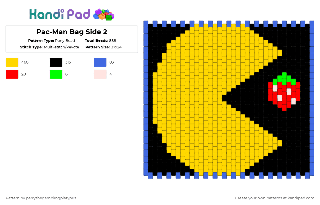 Pac-Man Bag Side 2 - Pony Bead Pattern by perrythegambajester on Kandi Pad - yellow,pacman,80s,retro,arcade,pac man