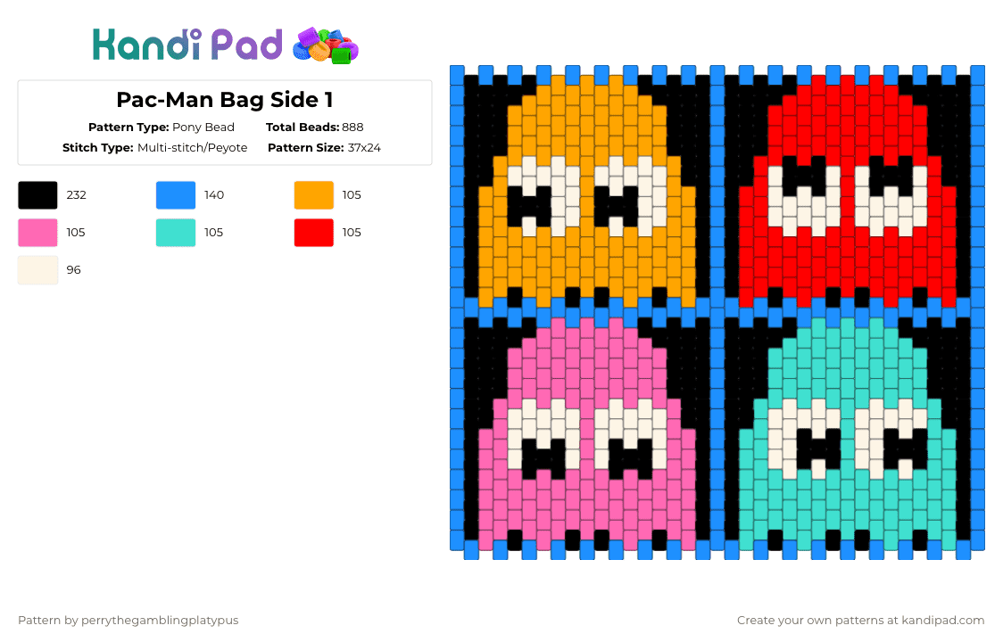 Pac-Man Bag Side 1 - Pony Bead Pattern by perrythegambajester on Kandi Pad - light blue,pacman,retro,80s,arcade,bag