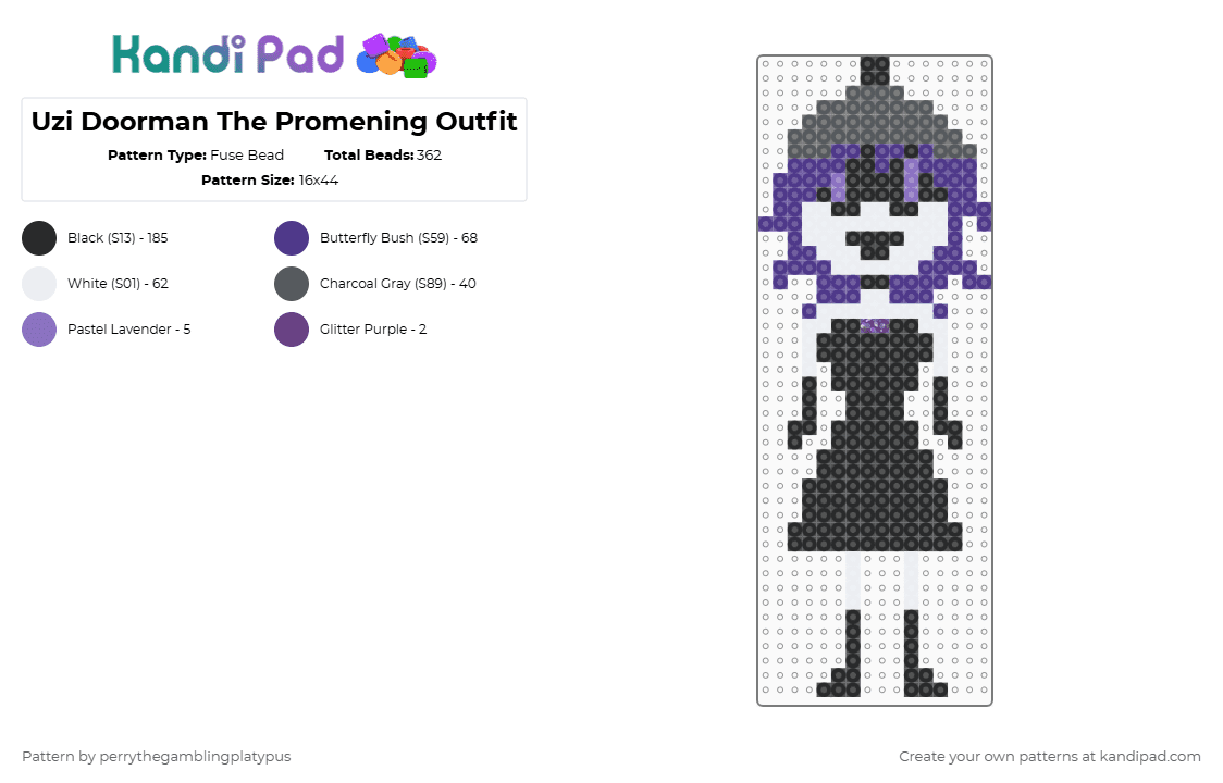 Uzi Doorman The Promening Outfit - Fuse Bead Pattern by perrythegambajester on Kandi Pad - black,gray,purple,md,murderdrones,glitch,glitchproductions,uzi,uzidoorman,thepromening