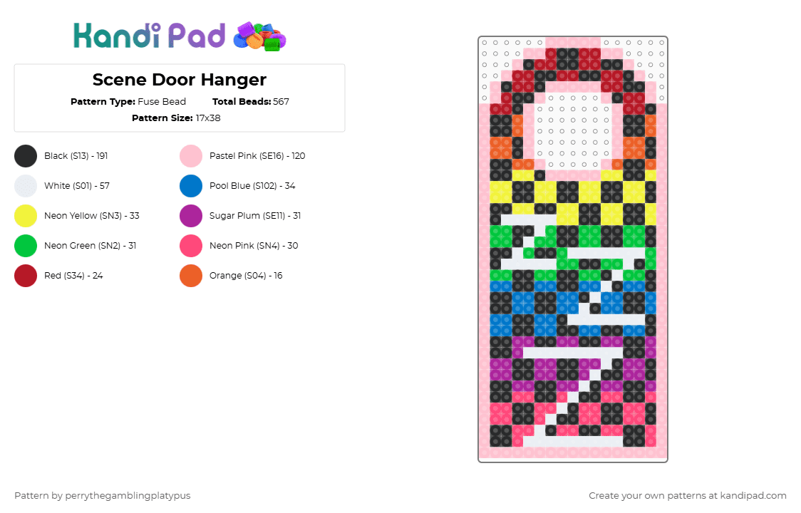 Scene Door Hanger - Fuse Bead Pattern by perrythegambajester on Kandi Pad - pink,red,scene,xd,doorhanger,doorknob