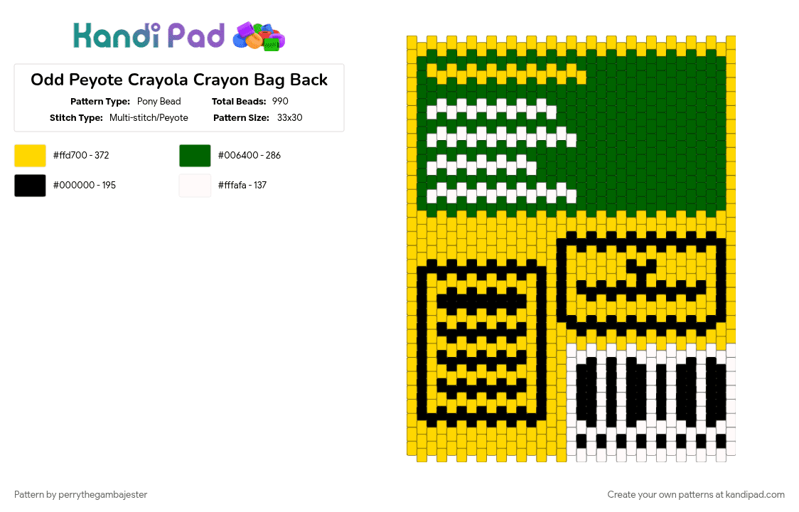 Odd Peyote Crayola Crayon Bag Back - Pony Bead Pattern by perrythegambajester on Kandi Pad - green, yellow