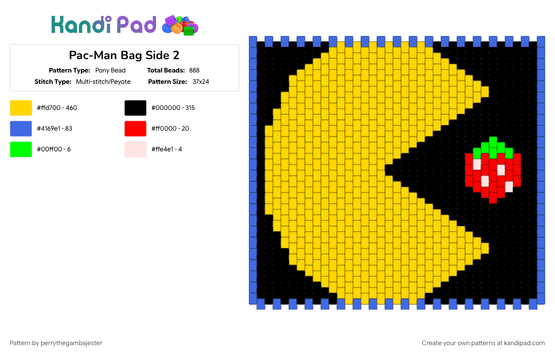 Pac-Man Bag Side 2 - Pony Bead Pattern by perrythegambajester on Kandi Pad - 80s, arcade, pac man, pacman, retro, yellow