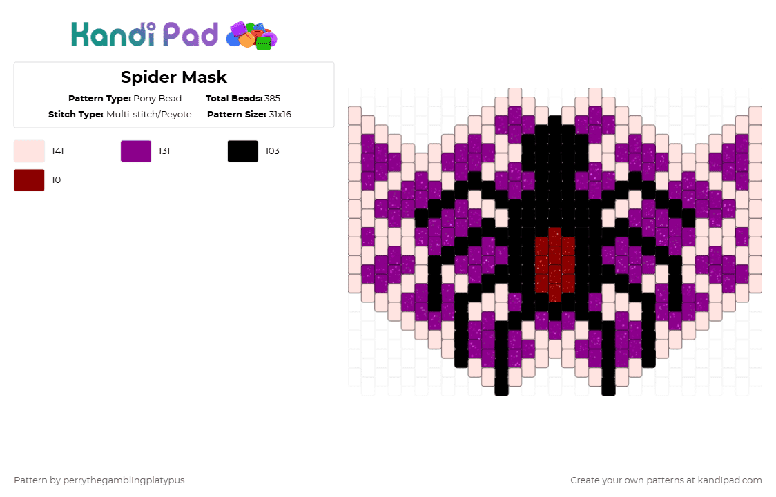 Spider Mask - Pony Bead Pattern by perrythegambajester on Kandi Pad - pink,halloween,spider,mask
