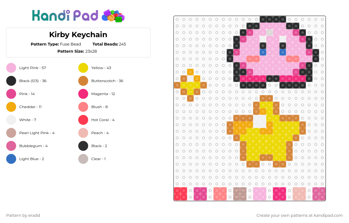 Kirby Keychain - Fuse Bead Pattern by eradd on Kandi Pad - pink,orange,yellow,kirby,keychain,gift,topher