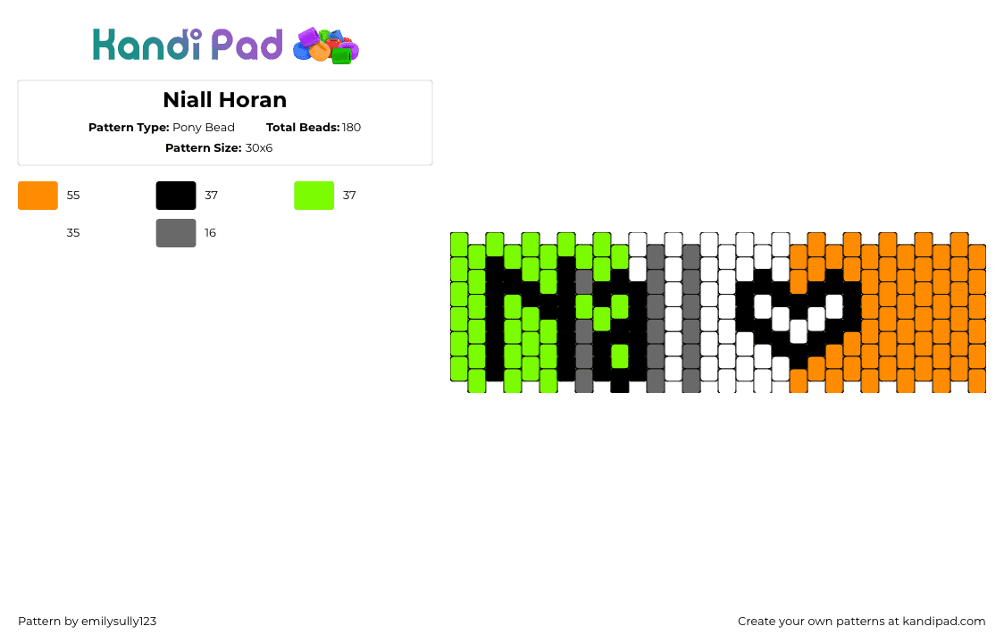 Niall Horan - Pony Bead Pattern by emilysully123 on Kandi Pad - niall horan,name,text,heart,music,irish,cuff,green,white,orange