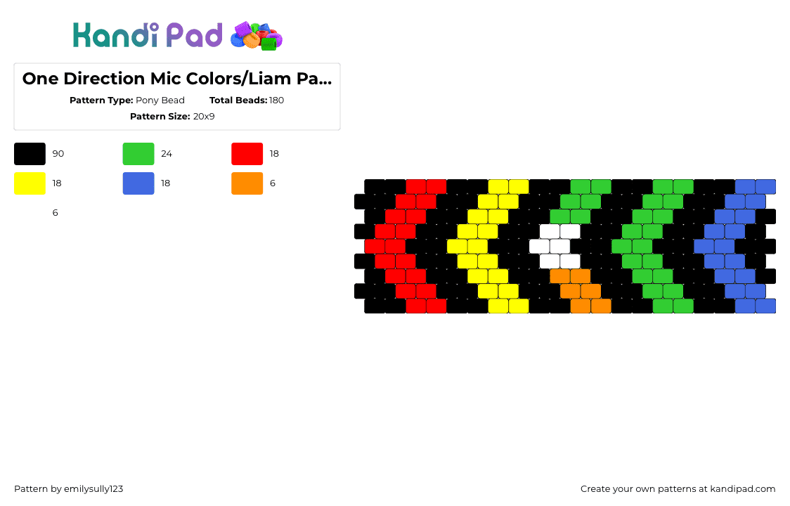 One Direction Mic Colors/Liam Payne Arrow Tattoo - Pony Bead Pattern by emilysully123 on Kandi Pad - chevron,one direction,arrows,colorful,band,music,cuff,black,red,yellow,green,blue