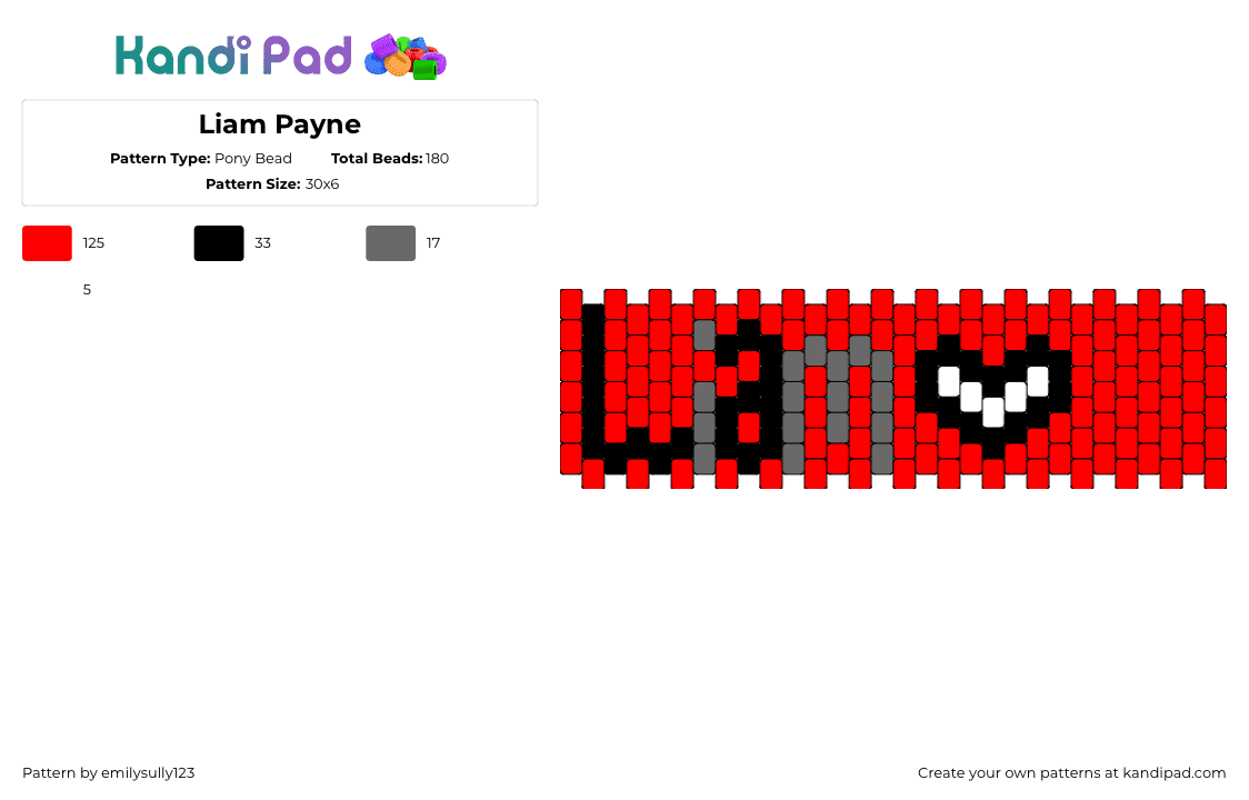 Liam Payne - Pony Bead Pattern by emilysully123 on Kandi Pad - liam payne,name,text,heart,music,cuff,red