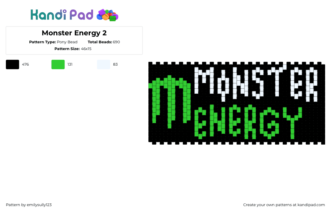 Monster Energy 2 - Pony Bead Pattern by emilysully123 on Kandi Pad - black,white,green