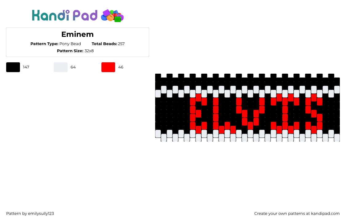 Eminem - Pony Bead Pattern by emilysully123 on Kandi Pad - elvis,text,music,cuff,black,red