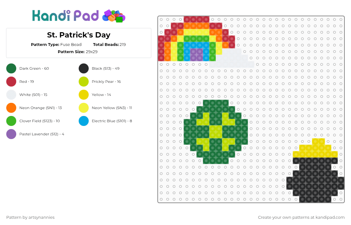 St. Patrick\'s Day - Fuse Bead Pattern by artsynannies on Kandi Pad - yellow,green,st patricks day,rainbow cloud,pot of gold,coin