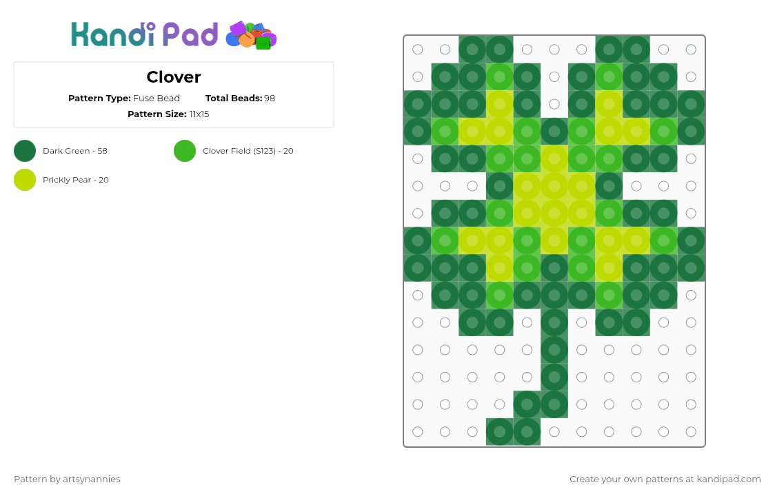 Clover - Fuse Bead Pattern by artsynannies on Kandi Pad - green,st patricks day,clover,lucky,cotdstpatricksday2026