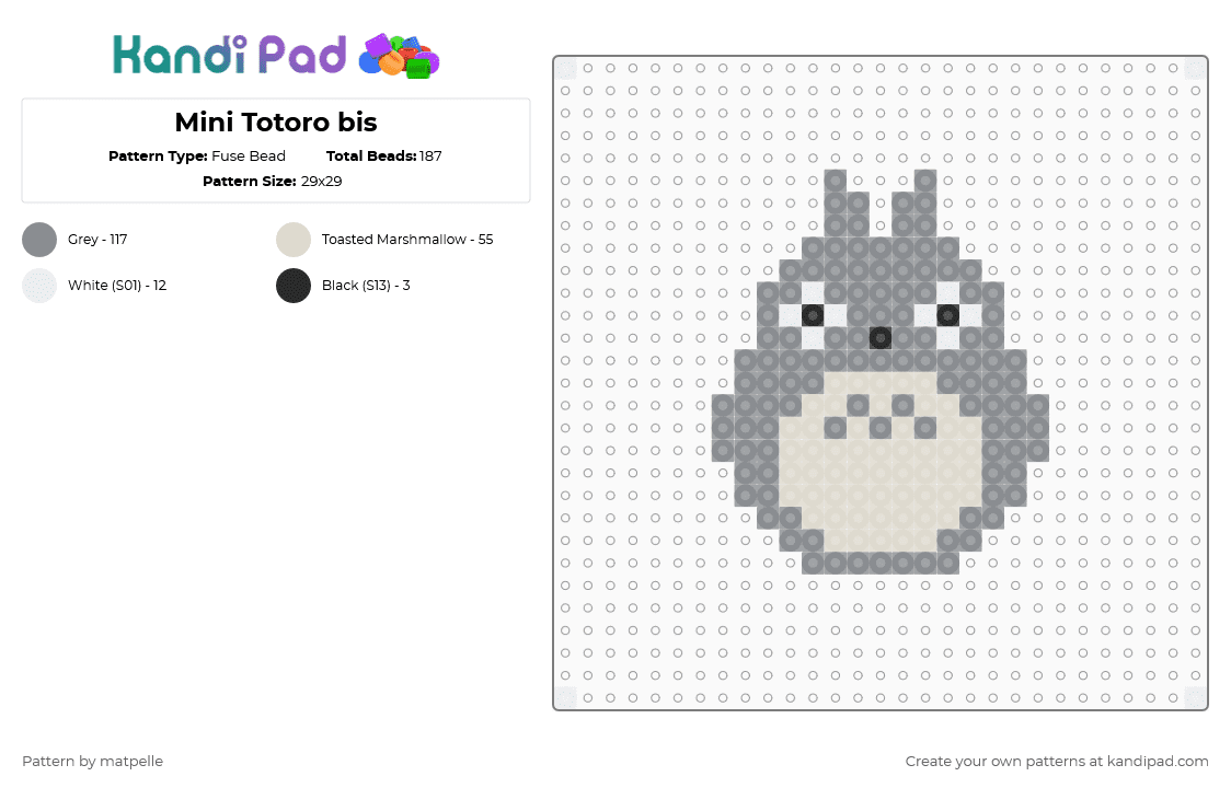 Totoro 1 bis - Fuse Bead Pattern by kreweofghibli on Kandi Pad - gray,beige