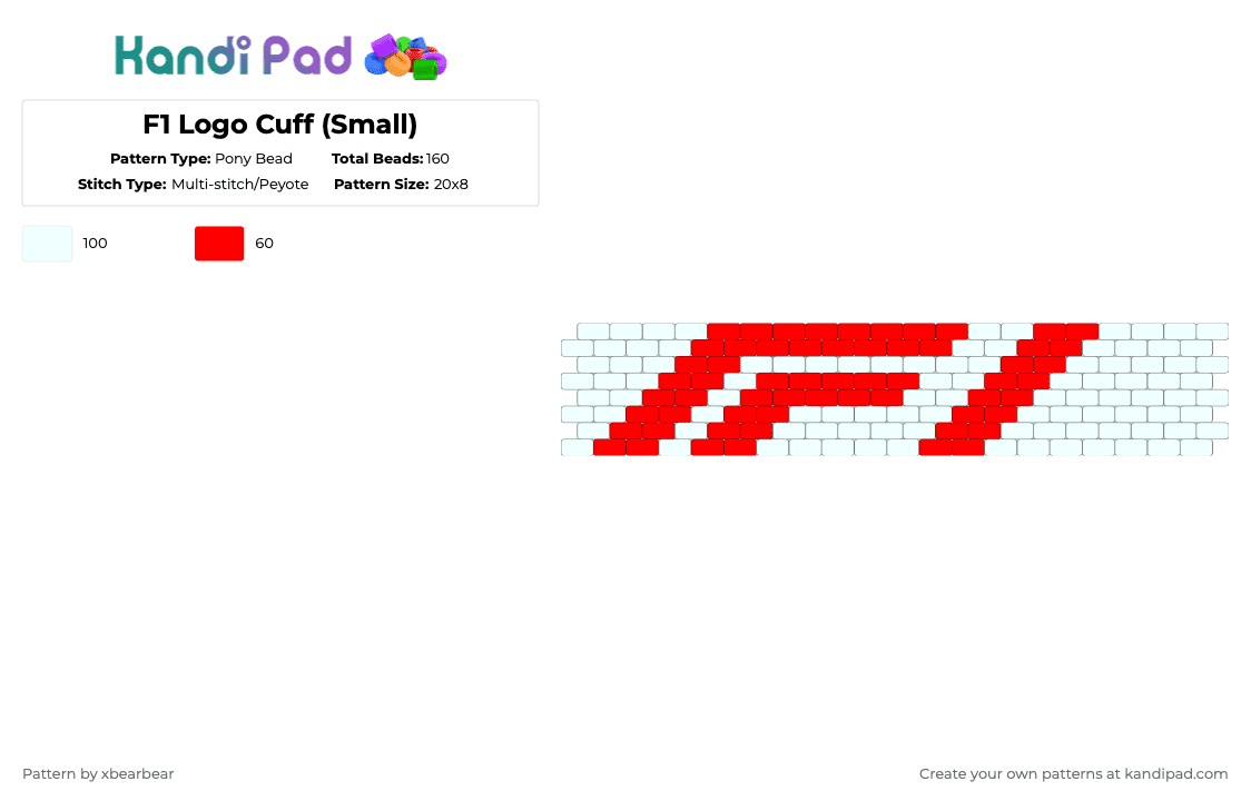F1 Logo Cuff (Small) - Pony Bead Pattern by xbearbear on Kandi Pad - white,red,f1,formula one,cuff,logo,peyote stitch,racing