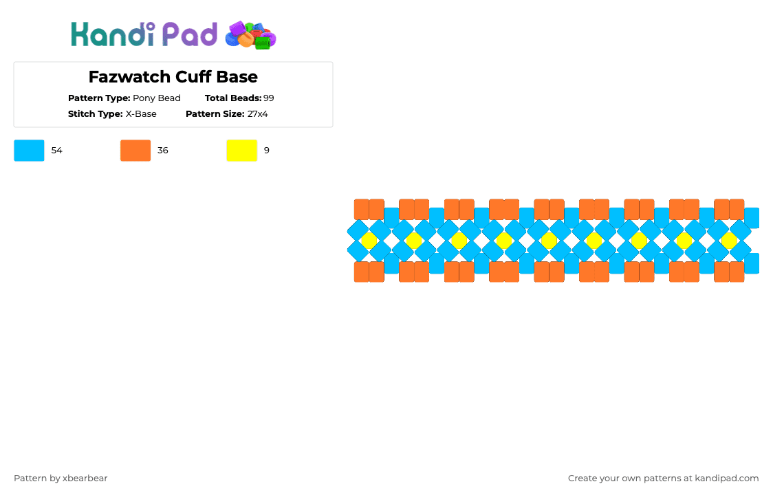 Fazwatch Cuff Base - Pony Bead Pattern by xbearbear on Kandi Pad - orange,light blue,fnaf,fazwatch,cuff,x base,freddy fazbear,security breach