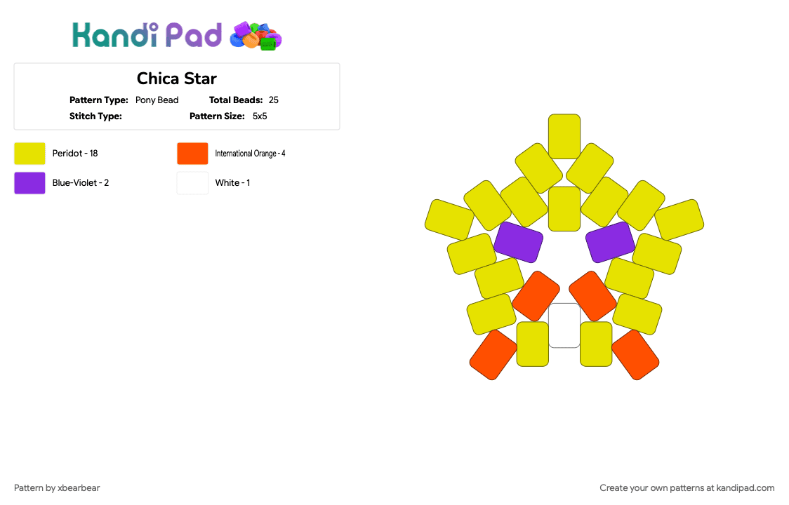 Chica Star - Pony Bead Pattern by xbearbear on Kandi Pad - character, chica, five nights at freddys, fnaf, gaming, star, video game, yellow