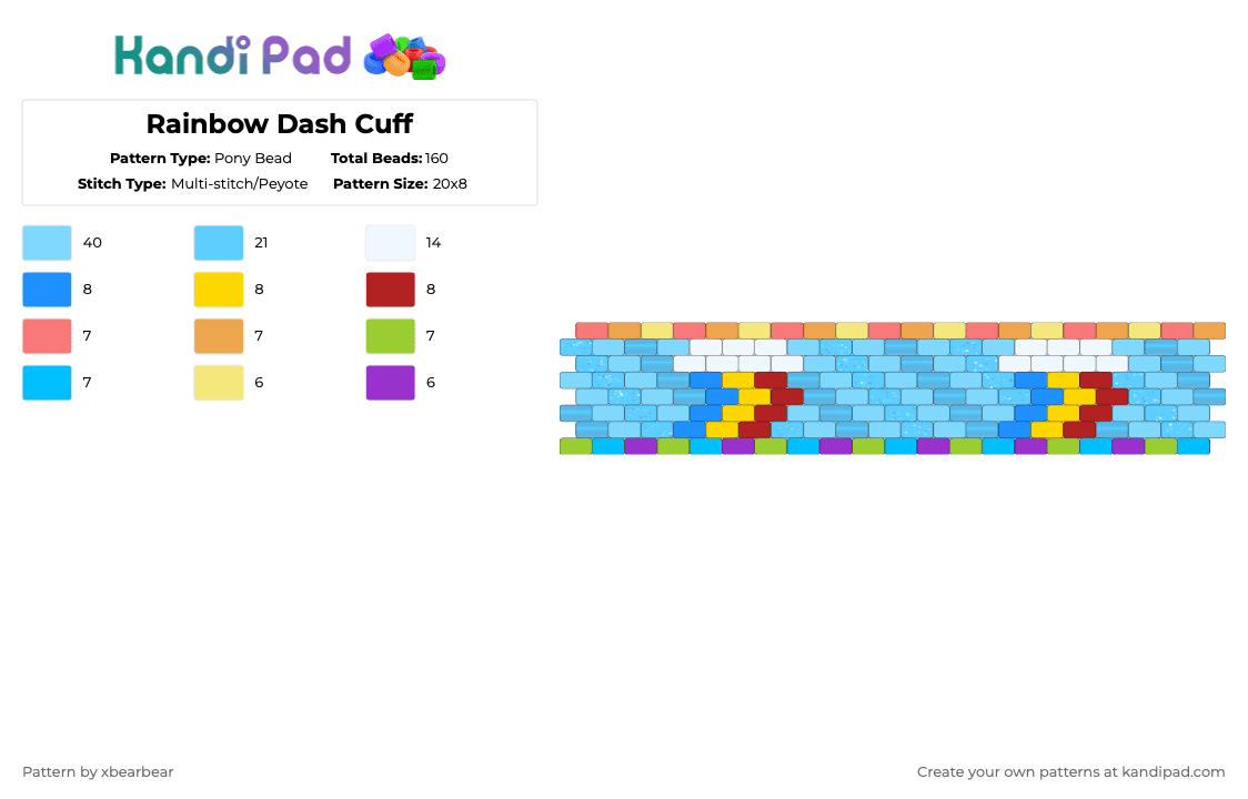 Rainbow Dash Cuff - Pony Bead Pattern by xbearbear on Kandi Pad - light blue,rainbow dash,cuff,peyote stitch,mlp,my little pony,cutie mark,rainbow