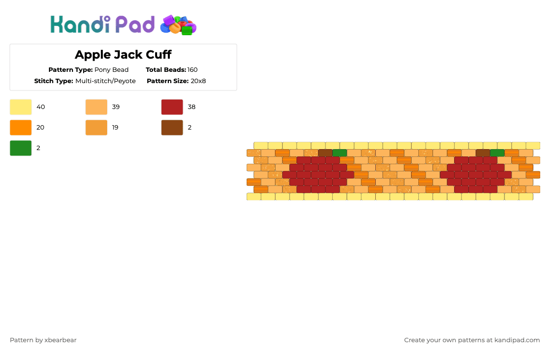 Apple Jack Cuff - Pony Bead Pattern by xbearbear on Kandi Pad - red,yellow,orange,mlp,my little pony,peyote stitch,apple jack,cuff,apple,cutie mark
