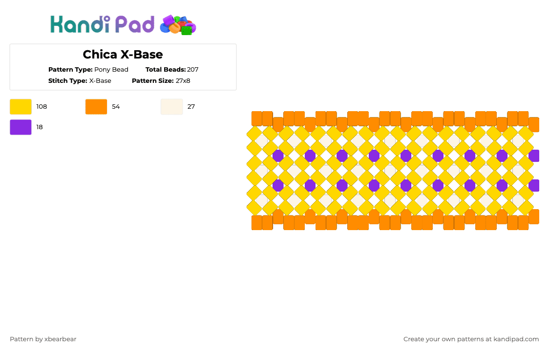 Chica X-Base - Pony Bead Pattern by xbearbear on Kandi Pad - yellow,chica,fnaf,five nights at freddys,purple,white,orange