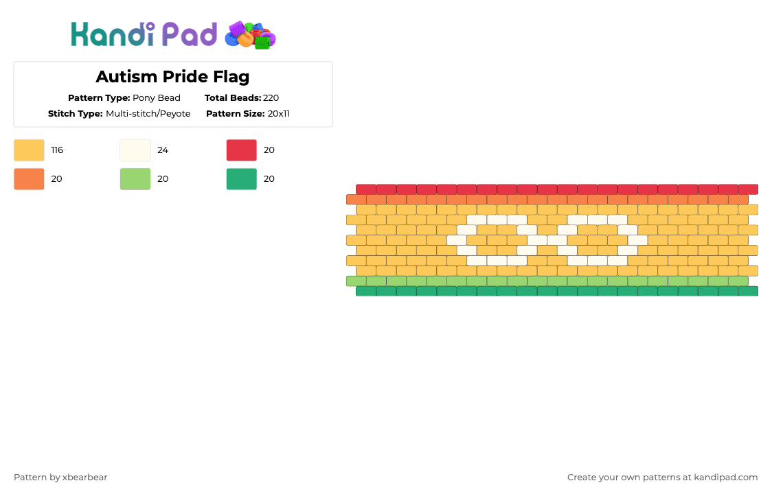 Autism Pride Flag - Pony Bead Pattern by xbearbear on Kandi Pad - yellow,autism,pride,cuff,peyote stitch,infinity symbol