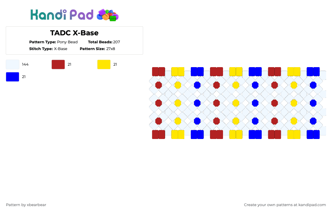 TADC X-Base - Pony Bead Pattern by xbearbear on Kandi Pad - white,red,yellow,purple,tadc,the amazing digital circus,x base,primary colours,rotator cuff,pomni,clowncore