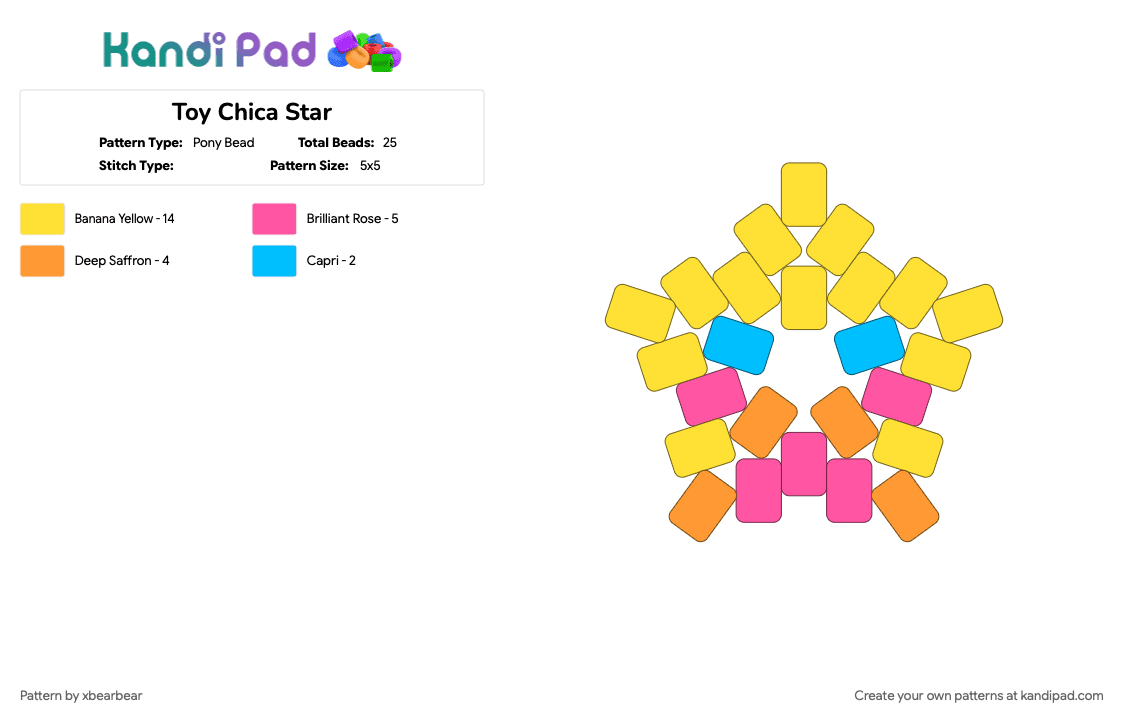 Toy Chica Star - Pony Bead Pattern by xbearbear on Kandi Pad - chica, fnaf, fnaf 2, star, toy chica, yellow