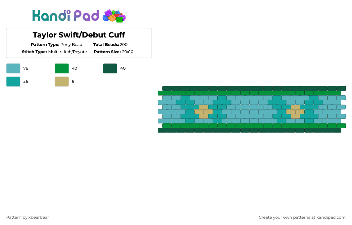 Taylor Swift/Debut Cuff - Pony Bead Pattern by xbearbear on Kandi Pad - teal,taylor swift,music,cuff,peyote stitch,debut