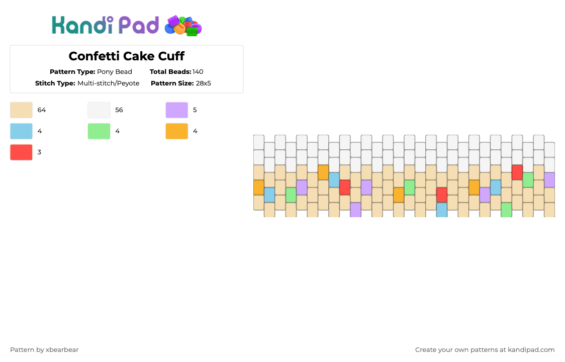 Confetti Cake Cuff - Pony Bead Pattern by xbearbear on Kandi Pad - white,beige,cake,food,confetti cake,cuff,multi stitch,confetti,rainbow