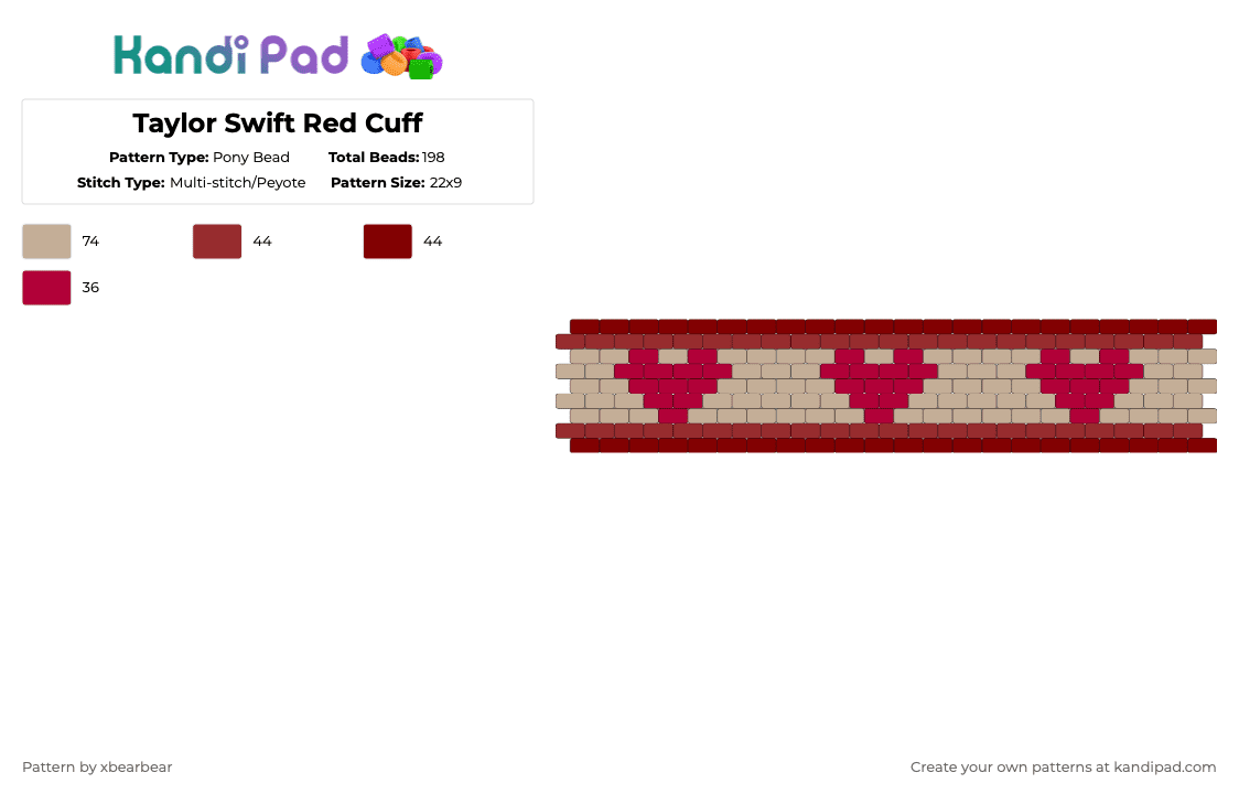 Red Cuff - Pony Bead Pattern by xbearbear on Kandi Pad - beige,red,taylor swift,music,peyote stitch,cuff
