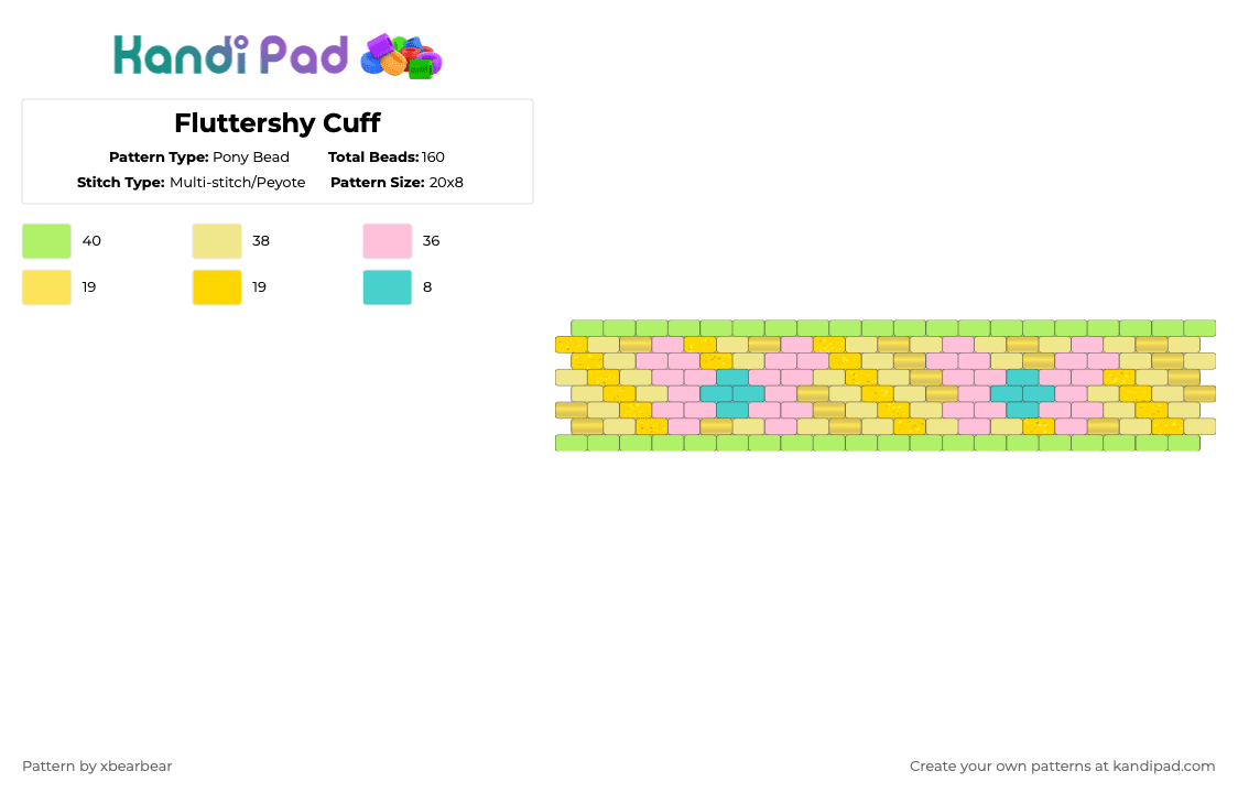 Fluttershy Cuff - Pony Bead Pattern by xbearbear on Kandi Pad - yellow,green,fluttershy,my little pony,mlp,cuff,peyote stitch,butterfly,cutie mark