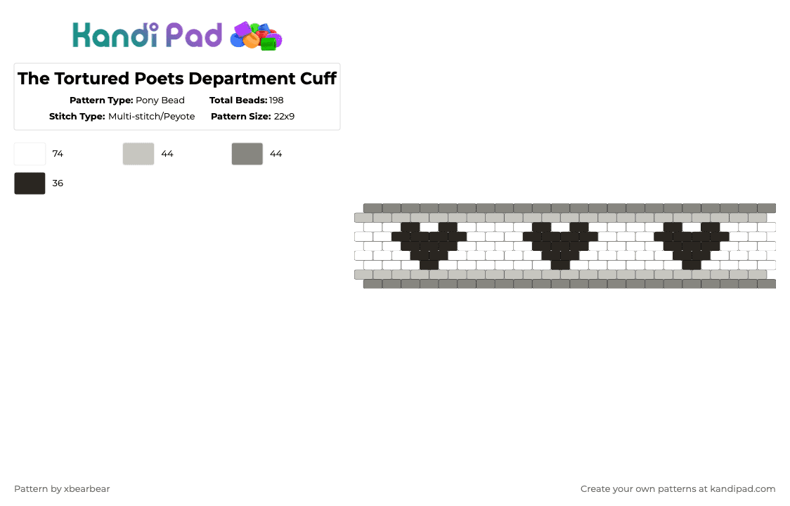The Tortured Poets Department Cuff - Pony Bead Pattern by xbearbear on Kandi Pad - beige,gray,ttpd,the tortured poets department,taylor swift,cuff,peyote stitch,music