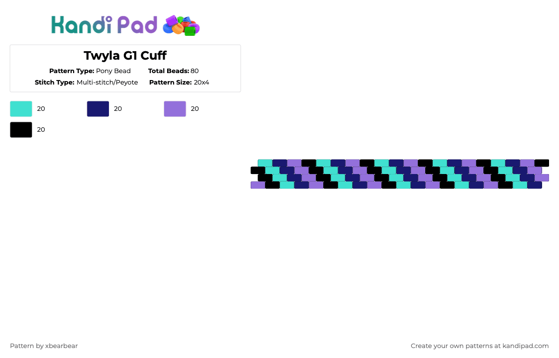 Twyla G1 Cuff - Pony Bead Pattern by xbearbear on Kandi Pad - light blue,purple,monster high,cuff,peyote stitch,twyla,black,teal,blue