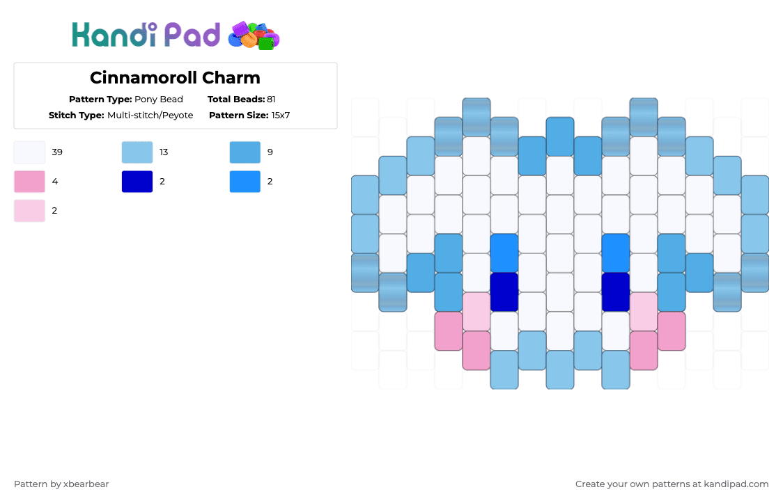Cinnamoroll Charm - Pony Bead Pattern by xbearbear on Kandi Pad - light blue,cinnamoroll,charm,sanrio,blue,white,pink