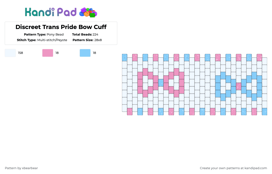 Discreet Trans Pride Bow Cuff - Pony Bead Pattern by xbearbear on Kandi Pad - white,pink,light blue,trans,pride,bows,bow,blue