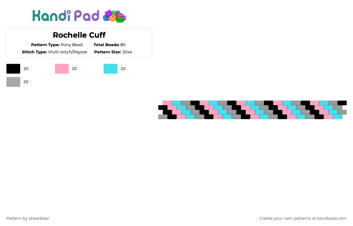 Rochelle Cuff - Pony Bead Pattern by xbearbear on Kandi Pad - pink,light blue,beige,monster high,rochelle,cuff,peyote stitch,grey,black,teal