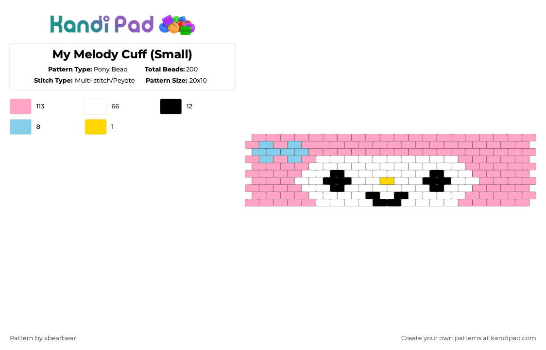 My Melody Cuff (Small) - Pony Bead Pattern by xbearbear on Kandi Pad - pink,sanrio,cuff,peyote stitch,white,pastel blue,my melody