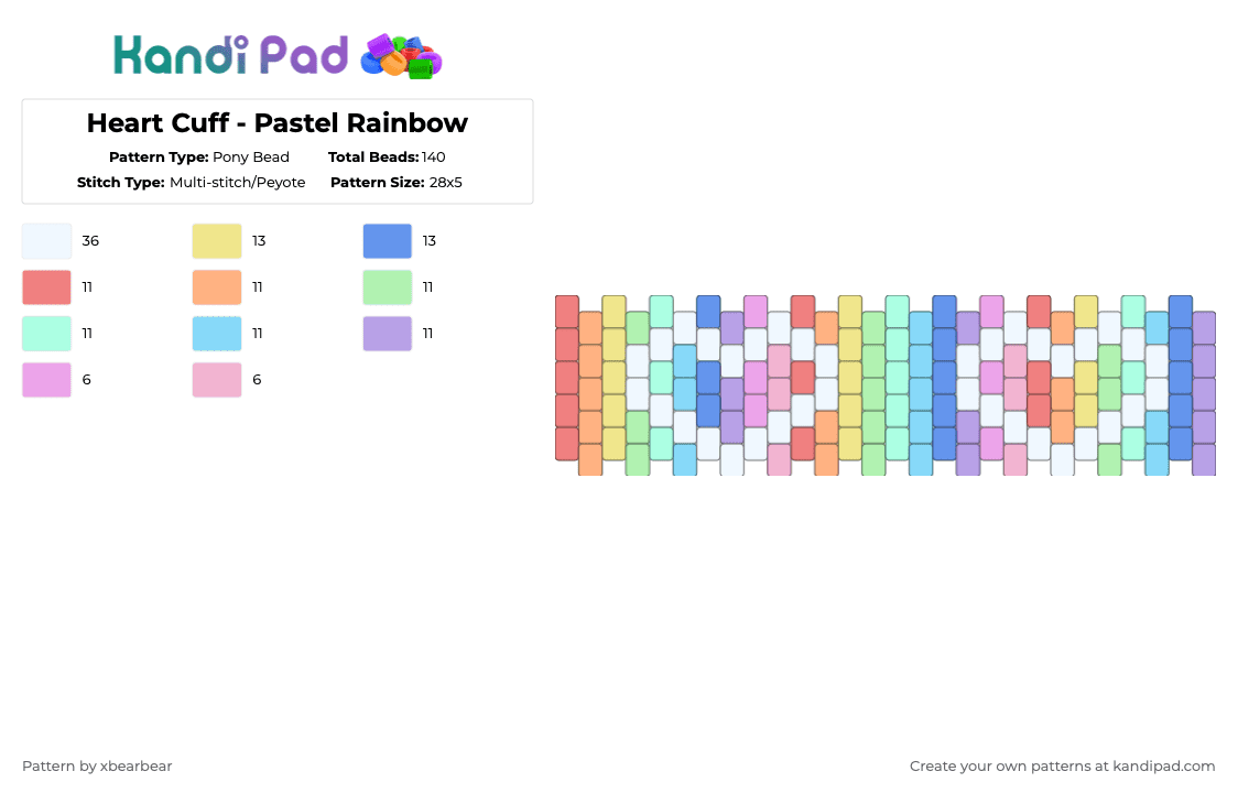 Heart Cuff - Pastel Rainbow - Pony Bead Pattern by xbearbear on Kandi Pad - light blue,pink,multi stitch,heart,rainbow,pastel,cuff