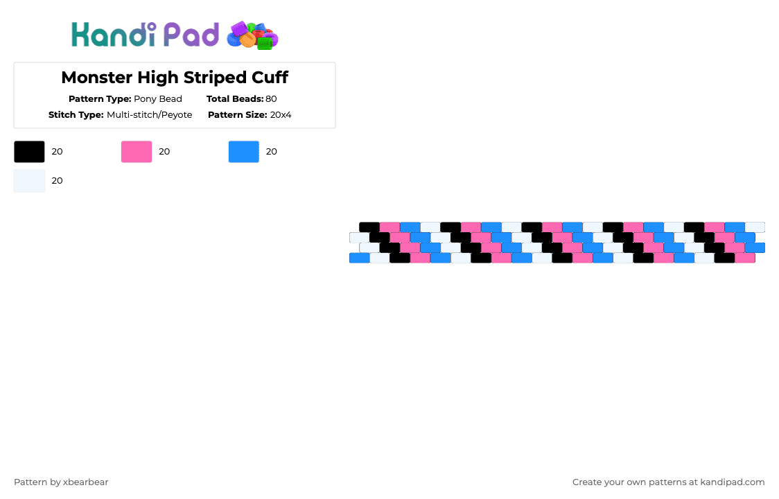 Monster High Striped Cuff - Pony Bead Pattern by xbearbear on Kandi Pad - pink,light blue,monster high,cuff,peyote stitch,black,white,blue