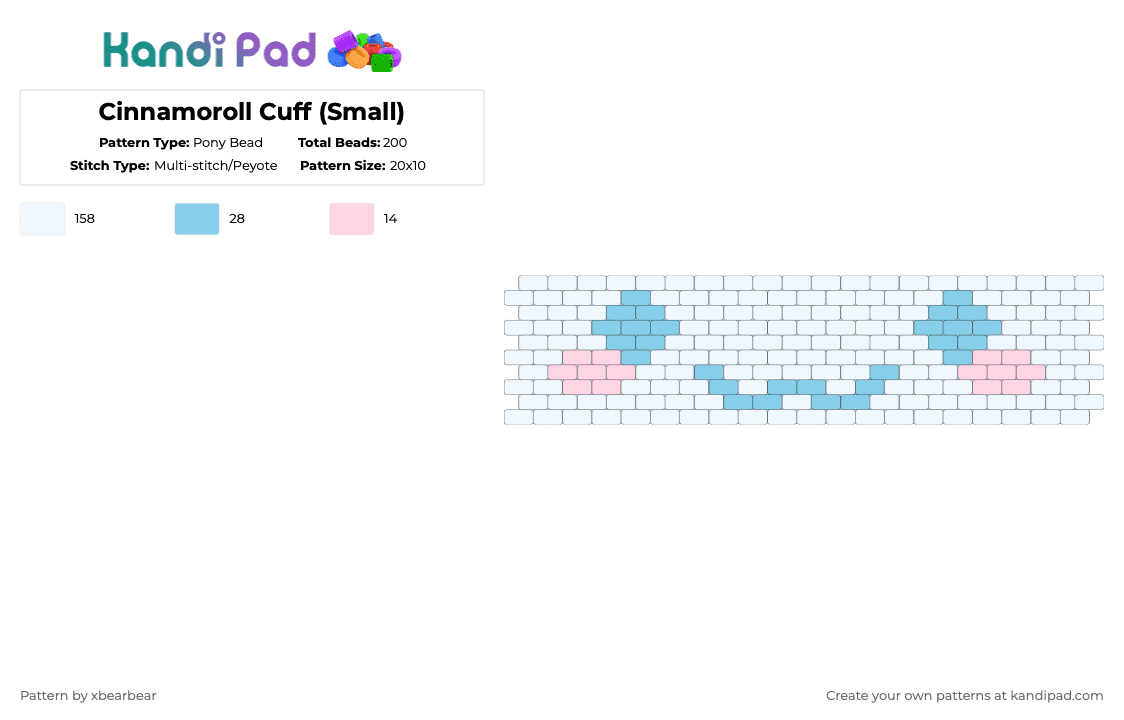 Cinnamoroll Cuff (Small) - Pony Bead Pattern by xbearbear on Kandi Pad - white,pink,cinnamoroll,sanrio,cuff,peyote stitch,light blue,pastel
