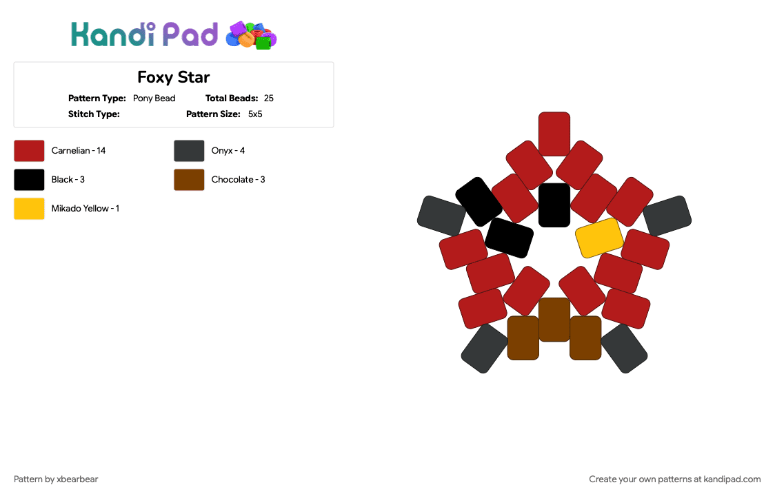 Foxy Star - Pony Bead Pattern by xbearbear on Kandi Pad - character, five nights at freddys, fnaf, foxy, gaming, red, star, video game